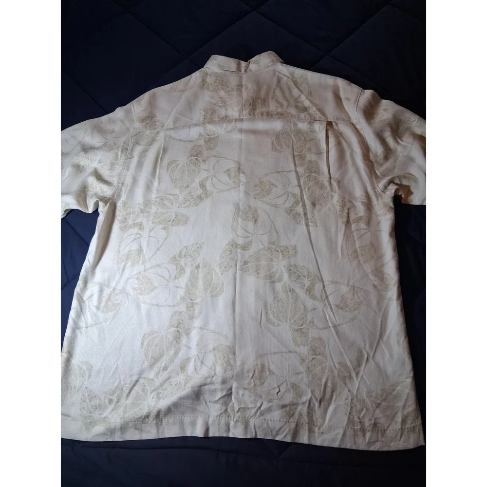 Tommy Bahama Mens XL Silk Short Sleeve Button Down Camp Shirt Beige Leaf Print